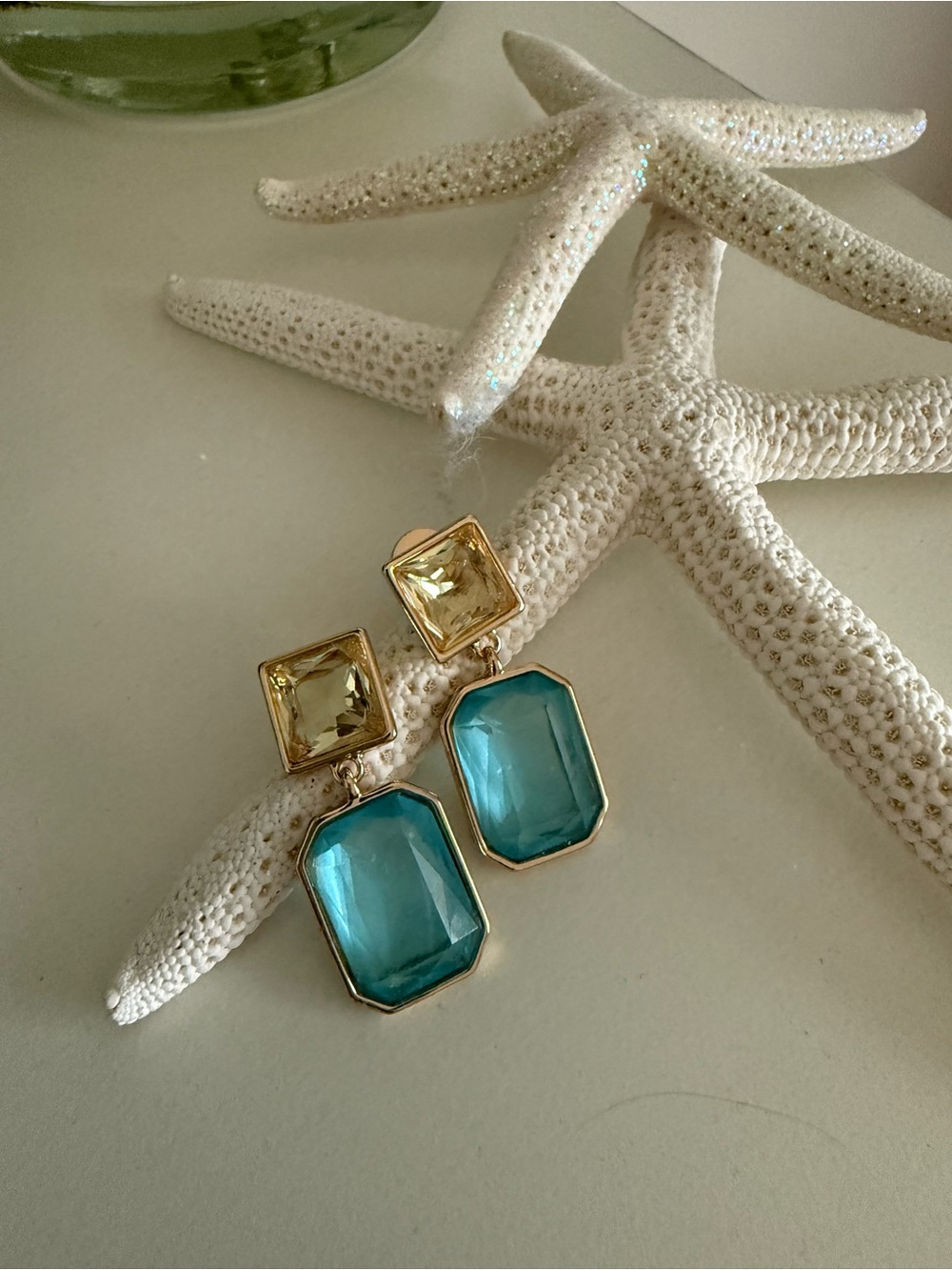 Anthropologie Gold-Tone Earrings with Teal and Champagne Stones